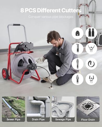 آلة تنظيف الصرف الصحي من VEVOR بطول 100 قدم × 1/2 بوصة، تغذية تلقائية لصرف الثعبان على العجلات، آلة تنظيف الصرف المحمولة مع 8 قواطع ومفتاح قدم يعمل بالهواء لأنابيب من 2 إلى 6 بوصات in Kuwait