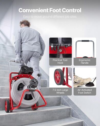 آلة تنظيف الصرف الصحي من VEVOR بطول 100 قدم × 1/2 بوصة، تغذية تلقائية لصرف الثعبان على العجلات، آلة تنظيف الصرف المحمولة مع 8 قواطع ومفتاح قدم يعمل بالهواء لأنابيب من 2 إلى 6 بوصات in Kuwait