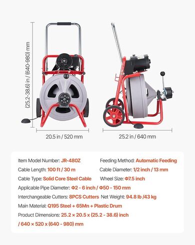 آلة تنظيف الصرف الصحي من VEVOR بطول 100 قدم × 1/2 بوصة، تغذية تلقائية لصرف الثعبان على العجلات، آلة تنظيف الصرف المحمولة مع 8 قواطع ومفتاح قدم يعمل بالهواء لأنابيب من 2 إلى 6 بوصات in Kuwait