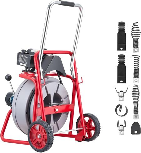 آلة تنظيف الصرف الصحي من VEVOR بطول 100 قدم × 1/2 بوصة، تغذية تلقائية لصرف الثعبان على العجلات، آلة تنظيف الصرف المحمولة مع 8 قواطع ومفتاح قدم يعمل بالهواء لأنابيب من 2 إلى 6 بوصات in Kuwait