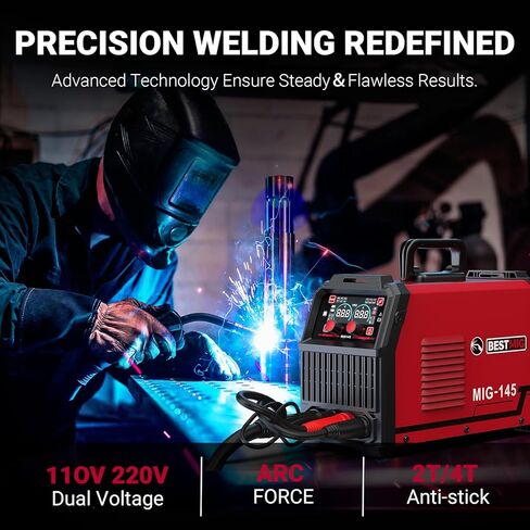 BESTMIG 145A 4-in-1 Multi-Process Welder, 110V/220V MIG/TIG/MMA/Stick Welding Machine, Gas & Gasless Flux Core Welder with Synergy IGBT Inverter, Includes Welding Helmet & Gloves in Saudi Arabia