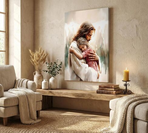 Jesus Holding Little Girl Canvas Wall Art Jesus Christ Loves the World Wall Decor Picture Christian Bible Content Poster Print for Church Prayer Room Bedroom Artwork Home Decoration Ready to Hang in Saudi Arabia