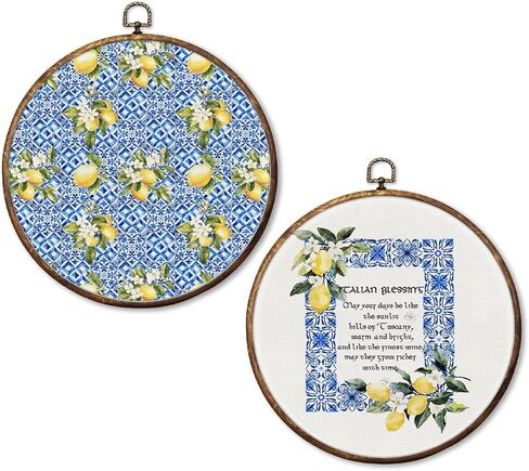 HUGANE Italian Blessing Lemon Round Wall Art Decor, Rustic Mediterranean Lemon Hanging Canvas Framed Prints Wall Sculptures for Kitchen Home Bedroom Living Room Decor, 10x10 Inch in Kuwait