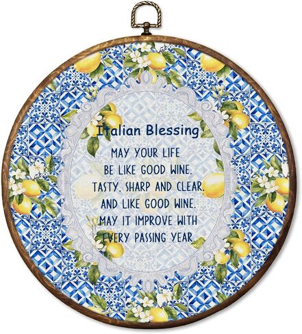 HUGANE Italian Blessing Lemon Round Wall Art Decor, Rustic Mediterranean Lemon Hanging Canvas Framed Prints Wall Sculptures for Kitchen Home Bedroom Living Room Decor, 10x10 Inch in Kuwait