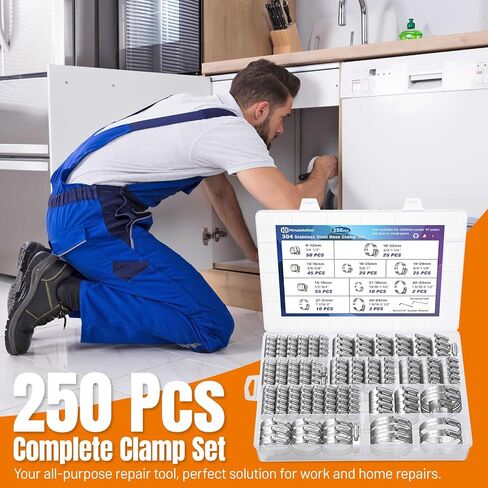 Housolution 250 PCS Pipe Clamps from 1/4" to 2.5" (6-63mm), Hose Clamps Stainless Steel with Hose Clamp Tool, For Fuel Line, Garden, Plumbing, Automotive, Radiator, Mechanical Applications in Kuwait