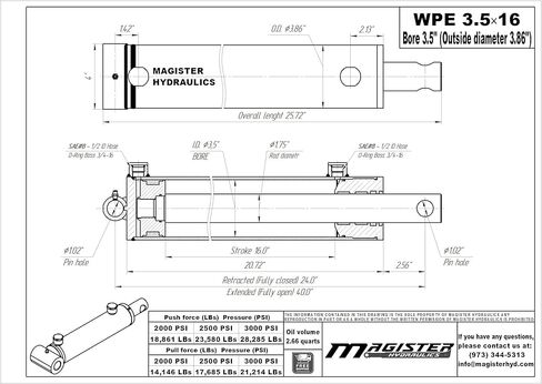 Magister Hydraulic Cylinder 3.5" Bore x 16" Stroke, Welded Hydraulic Ram with Pin Eye Mount, Double Acting Hydraulic Piston 3500 PSI (WPE 3.5x16) in Kuwait