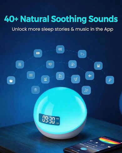 آلة ضوضاء بيضاء مع منبه شروق الشمس، 44 آلة صوت مهدئة غير متكررة للنوم، ضوء ليلي بـ 10 ألوان مع تطبيق ومؤقت، هدايا آلات ضوضاء للأطفال والبالغين في المنزل والمكتب والسفر in Kuwait