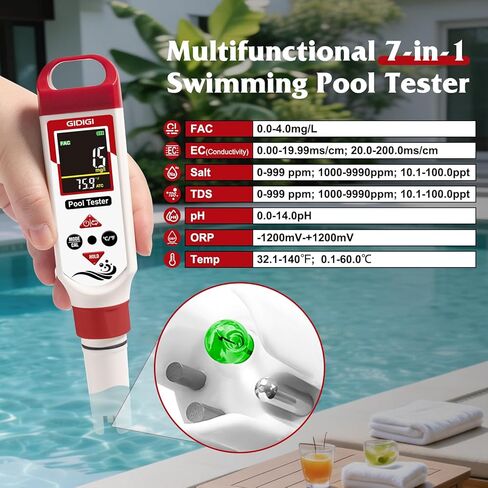 pH Chlorine Meter Digital 7 in 1, Pool ORP Salinity Meter Test pH CL Salt ORP EC TDS Temp, for Pools Aquariums Hydroponics Drinking Water Hot Tubs, Water Test Kit, with Calibration Solution in Kuwait
