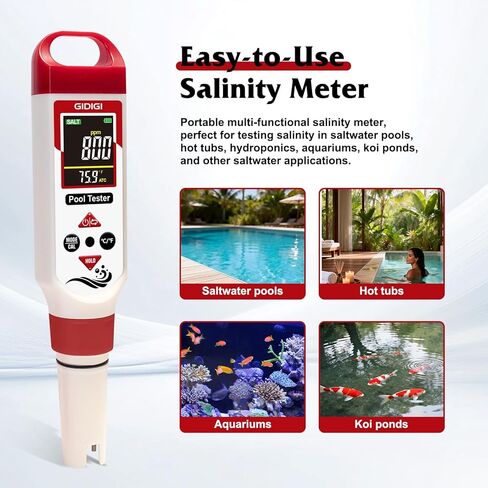 pH Chlorine Meter Digital 7 in 1, Pool ORP Salinity Meter Test pH CL Salt ORP EC TDS Temp, for Pools Aquariums Hydroponics Drinking Water Hot Tubs, Water Test Kit, with Calibration Solution in Kuwait
