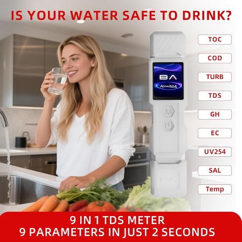 TDS Water Meter 9-in-1 with TOC COD TDS EC Turbidity Hardness UV254 SAL Temp, Water Quality Tester with 1.8 Inch IPS Screen for Tap Aquaculture Aquarium Pool Hydroponic Spa Well in Saudi Arabia
