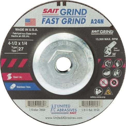 United Abrasives SAIT 20160 4-1/2x1/4x5/8-11 A24N عجلات طحن معدنية سريعة الطحن/ستانلس ستيل، 10 عبوات in Saudi Arabia