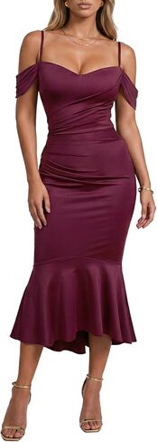 Women's Off The Shoulder Elegant Sexy Sweetheart Neck Spaghetti Straps Bodycon Ruched Midi Dress with Built-in Bra in Kuwait