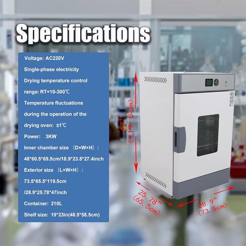210L Lab Digital Forced Air Convection Drying Oven RT+10-300℃ Large-capacity Heating Oven Adjustable Fan Speed 220V 28.9×25.78×47 inches 3KW in Kuwait