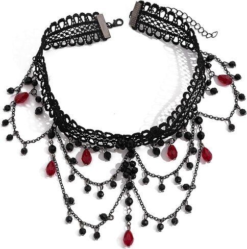 Gothic Black Lace Choker Necklace Vintage Crystal Bead Tassel Necklace Halloween Costume Party Prom Vampire Jewelry For Women in Saudi Arabia