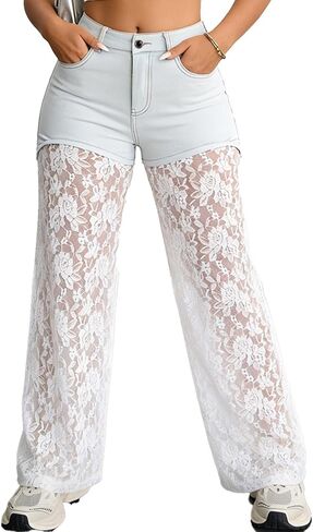 Nihsatin Women's High Waisted Light Waished Denim Shorts with Sheer Lace Overlay Pants in Saudi Arabia
