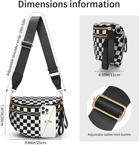 Women's Crossbody Bum Bag, Trendy Crescent Plaid Waist Bag with Large Pockets and Strap, Sling Pack for Casual Travel Outdoor One Fize fits All (Black+White, Medium) in Saudi Arabia