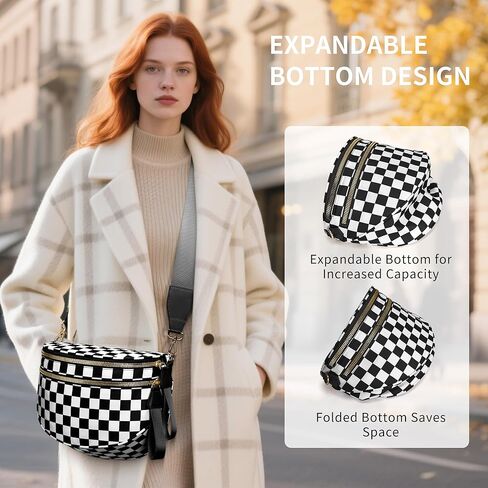 Women's Crossbody Bum Bag, Trendy Crescent Plaid Waist Bag with Large Pockets and Strap, Sling Pack for Casual Travel Outdoor One Fize fits All (Black+White, Medium) in Saudi Arabia