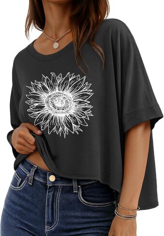 rosemia Oversized Tshirts for Women Summer Half Sleeve Crop Tops Basic Casual Blouses in Kuwait