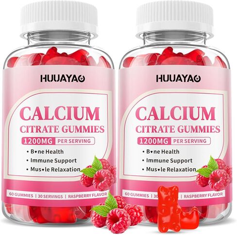 Calcium Citrate Gummies 1200mg for Adults & Kids, Chewable Calcium Citrate for Bone, Muscle & Immune Support, Bioavailable Calcium Supplements for Women & Men, Raspberry Flavor, 60 Count in Saudi Arabia