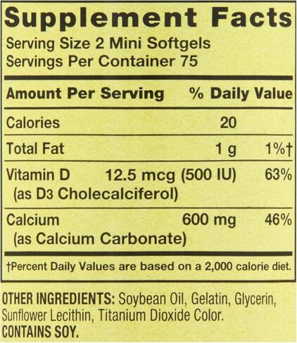Calcium Plus Vitamin D3 150 Mini Softgels | Calcium Supplement | softgels | Calcium 600 mg with Vitamin d3 | Calcium Carbonate 600 mg, 150 Mini Softgels in Saudi Arabia