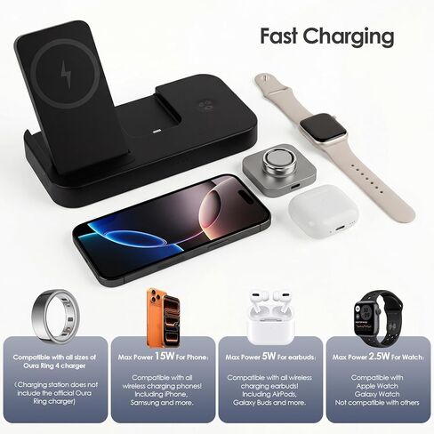 محطة شحن 4 في 1 لشاحن Oura Ring Gen 4 (شاحن Oura Ring غير متضمن)، شاحن مغناطيسي سريع 25 وات لأجهزة iPhone وApple Watch وAirPods وشاحن لاسلكي لهاتف Samsung Galaxy in Kuwait