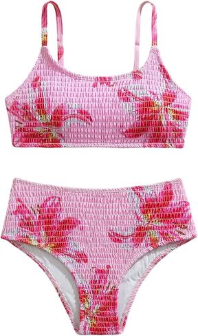 MakeMeChic Teen Girl's 2 Piece Summer Swimsuits Floral Print Shirred Spaghetti Strap Beach Bikini Sets in Saudi Arabia