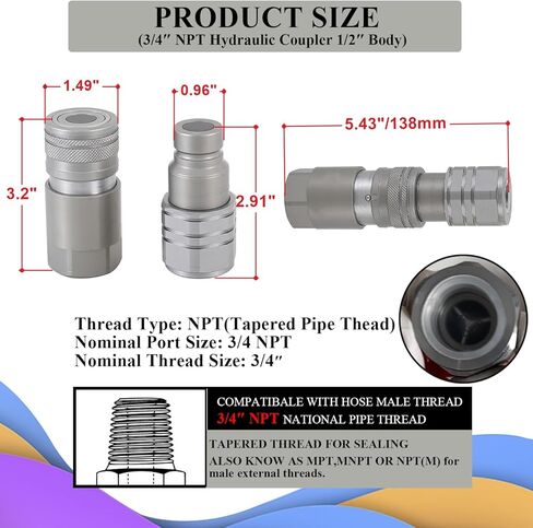 3/4 "NPT مقرنة هيدروليكية سريعة التوصيل وجه مسطح تركيبات الموصلات متوافقة مع Bobcat Skid Steer (ISO 16028) in Kuwait