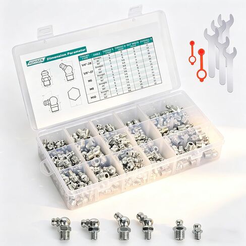 Grease Fittings Kit, 285 SAE & Metric Zerk Grease Nipples, 1/4" 1/8" M6 M8 M10 Straight 45 90 Degree Grease Fittings with Dust Caps and Wrench Kit for Grease Gun, Car, Truck and Machinery (285) in Saudi Arabia