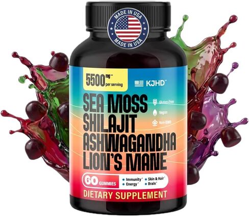 KJHD Shilajit Ashwagandha Gummies with Sea Moss ، Beet Root ، Lion’s Mane Mushroom & Black Seed Oil - ملحق Superfood الأعشاب العضوية - 60 Gultgan Gummies in Kuwait