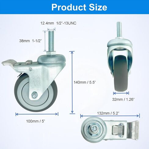 4 inch Swivel Caster Wheels Heavy Duty with Aluminum Brake, 1/2" x13-1-1/2 Threaded Stem Casters Set of 4, TPR Rubber Wheels for Hospital, Lab, Furnitures,Restaurant in Saudi Arabia