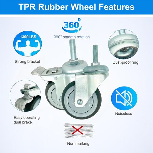 4 inch Swivel Caster Wheels Heavy Duty with Aluminum Brake, 1/2" x13-1-1/2 Threaded Stem Casters Set of 4, TPR Rubber Wheels for Hospital, Lab, Furnitures,Restaurant in Saudi Arabia