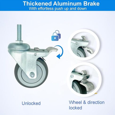 4 inch Swivel Caster Wheels Heavy Duty with Aluminum Brake, 1/2" x13-1-1/2 Threaded Stem Casters Set of 4, TPR Rubber Wheels for Hospital, Lab, Furnitures,Restaurant in Saudi Arabia