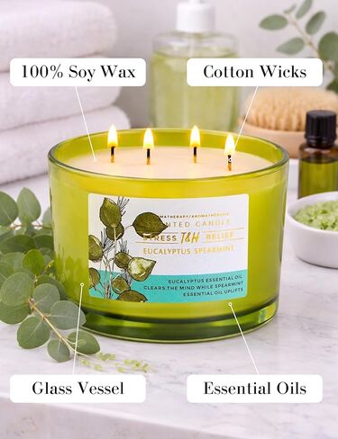 T&H Eucalyptus Spearmint Scented Candle | 20 oz Extra Large 4 Wick Soy Candle | Soothing Aromatherapy Candle for Home | Fresh Spa Scent | Clean Burn | Relaxation & Yoga Gift for Women & Men in Kuwait