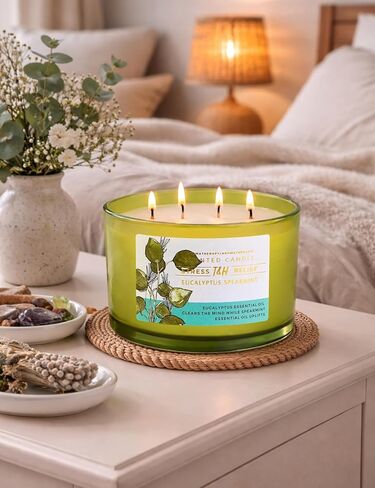 T&H Eucalyptus Spearmint Scented Candle | 20 oz Extra Large 4 Wick Soy Candle | Soothing Aromatherapy Candle for Home | Fresh Spa Scent | Clean Burn | Relaxation & Yoga Gift for Women & Men in Kuwait