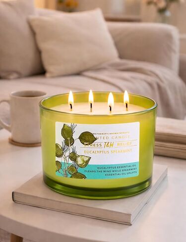 T&H Eucalyptus Spearmint Scented Candle | 20 oz Extra Large 4 Wick Soy Candle | Soothing Aromatherapy Candle for Home | Fresh Spa Scent | Clean Burn | Relaxation & Yoga Gift for Women & Men in Kuwait