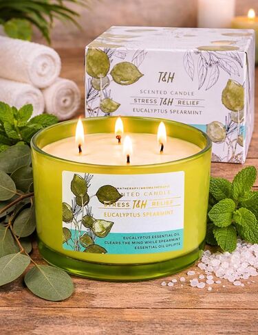 T&H Eucalyptus Spearmint Scented Candle | 20 oz Extra Large 4 Wick Soy Candle | Soothing Aromatherapy Candle for Home | Fresh Spa Scent | Clean Burn | Relaxation & Yoga Gift for Women & Men in Kuwait