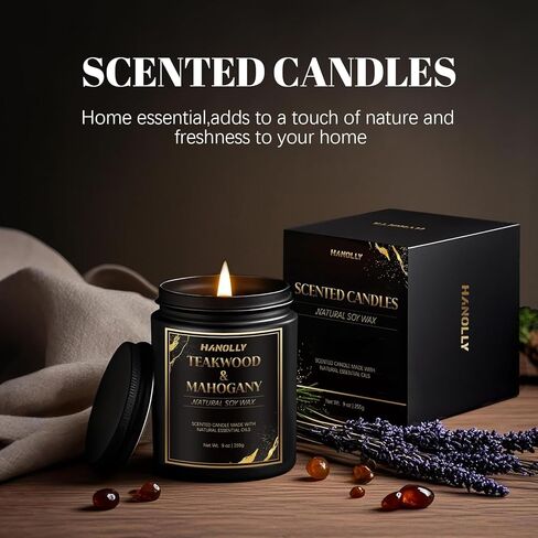 شمعة خشب الساج والماهوجني، شموع معطرة بوزن 9 أونصة لشمع الصويا المنزلي، شموع عطرية للنساء والرجال، هدايا عيد الميلاد، مثالية لخلق أجواء فاخرة in Kuwait
