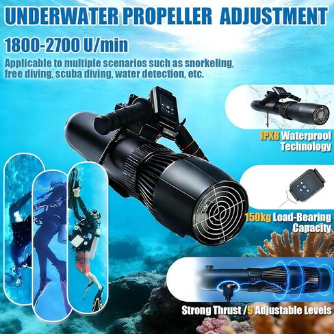 500W Underwater Scooter with Remote Control, 9 Speeds (3-8 km/h), 180min Battery Life, Removable Handle, Perfect for Snorkeling, Diving, Water Sports Enthusiasts in Saudi Arabia