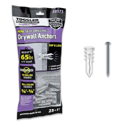 TOGGLER SnapSkru SPM Mini Self-Drilling Drywall Anchor with Screws, Glass-Filled Nylon, Made in US, for #6 to #8 Fastener Sizes (Pack of 25) in Saudi Arabia