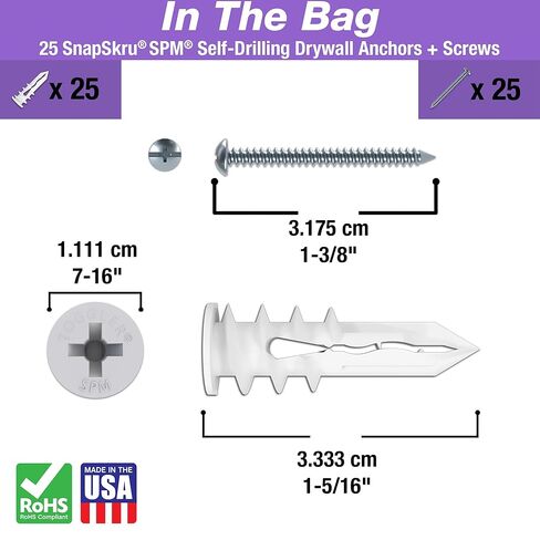 TOGGLER SnapSkru SPM Mini Self-Drilling Drywall Anchor with Screws, Glass-Filled Nylon, Made in US, for #6 to #8 Fastener Sizes (Pack of 25) in Saudi Arabia