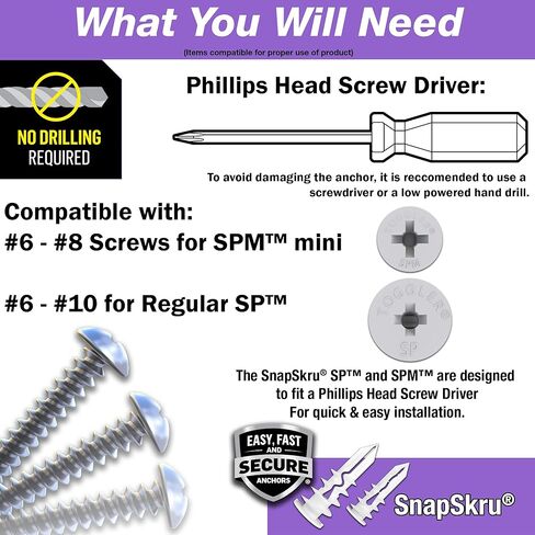 TOGGLER SnapSkru SPM Mini Self-Drilling Drywall Anchor with Screws, Glass-Filled Nylon, Made in US, for #6 to #8 Fastener Sizes (Pack of 25) in Saudi Arabia