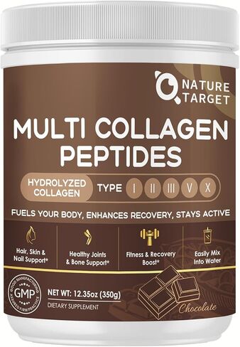 NATURE TARGET Chocolate Multi Collagen Peptides – Collagen Powder for Women with Vitamin C & Creatine, Supports Skin, Hair, Nails & Joint Health - Type I, II, III, V & X, Gluten Free, 35 Servings in Saudi Arabia