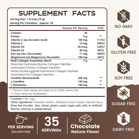 NATURE TARGET Chocolate Multi Collagen Peptides – Collagen Powder for Women with Vitamin C & Creatine, Supports Skin, Hair, Nails & Joint Health - Type I, II, III, V & X, Gluten Free, 35 Servings in Saudi Arabia
