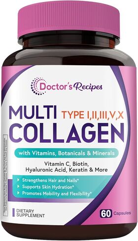 وصفات الطبيب، ببتيدات الكولاجين المتعددة، النوع الأول والثاني والثالث والخامس والعاشر، 1000 مجم لكل حصة، فيتامين ج، البيوتين، حمض الهيالورونيك، الكيراتين، الكركم، للشعر والأظافر والبشرة، ابق نشيطًا، مضاد للأكسدة، 60 كبسولة in Kuwait