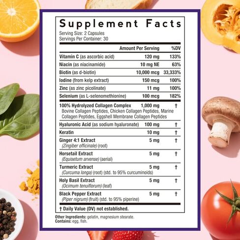 وصفات الطبيب، ببتيدات الكولاجين المتعددة، النوع الأول والثاني والثالث والخامس والعاشر، 1000 مجم لكل حصة، فيتامين ج، البيوتين، حمض الهيالورونيك، الكيراتين، الكركم، للشعر والأظافر والبشرة، ابق نشيطًا، مضاد للأكسدة، 60 كبسولة in Kuwait