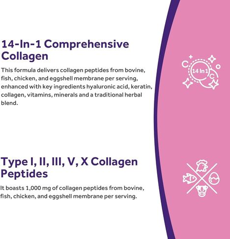 وصفات الطبيب، ببتيدات الكولاجين المتعددة، النوع الأول والثاني والثالث والخامس والعاشر، 1000 مجم لكل حصة، فيتامين ج، البيوتين، حمض الهيالورونيك، الكيراتين، الكركم، للشعر والأظافر والبشرة، ابق نشيطًا، مضاد للأكسدة، 60 كبسولة in Kuwait