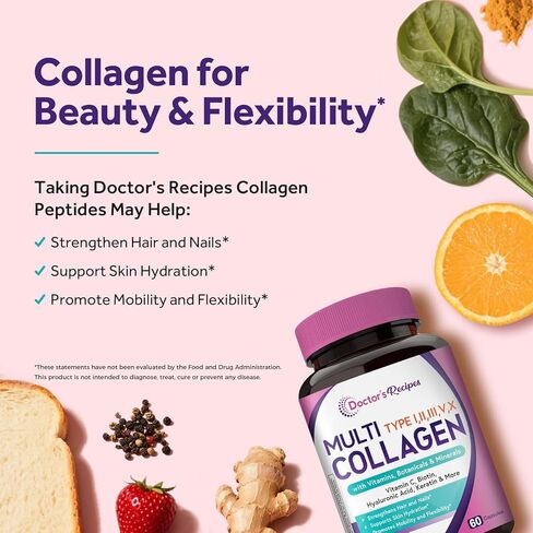 وصفات الطبيب، ببتيدات الكولاجين المتعددة، النوع الأول والثاني والثالث والخامس والعاشر، 1000 مجم لكل حصة، فيتامين ج، البيوتين، حمض الهيالورونيك، الكيراتين، الكركم، للشعر والأظافر والبشرة، ابق نشيطًا، مضاد للأكسدة، 60 كبسولة in Kuwait