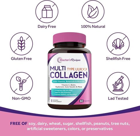 وصفات الطبيب، ببتيدات الكولاجين المتعددة، النوع الأول والثاني والثالث والخامس والعاشر، 1000 مجم لكل حصة، فيتامين ج، البيوتين، حمض الهيالورونيك، الكيراتين، الكركم، للشعر والأظافر والبشرة، ابق نشيطًا، مضاد للأكسدة، 60 كبسولة in Kuwait