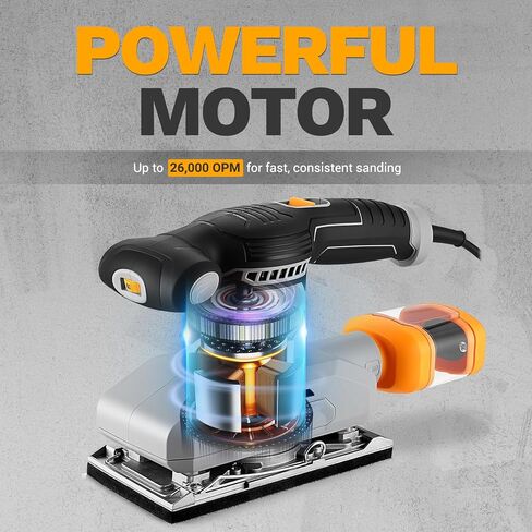 2.2 Amp 1/3 Sheet Palm Sander for Woodworking, Variable Speed up to 26,000 OPM, Corded Electric Sheet Finishing Sander with 15 pcs Sandpaper and Dust Box for Wood Polishing Sanding in Saudi Arabia