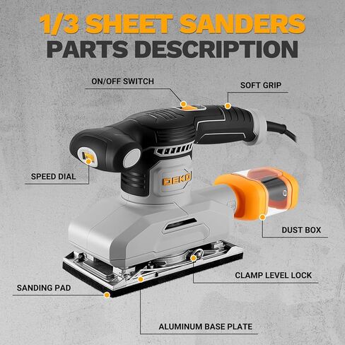 2.2 Amp 1/3 Sheet Palm Sander for Woodworking, Variable Speed up to 26,000 OPM, Corded Electric Sheet Finishing Sander with 15 pcs Sandpaper and Dust Box for Wood Polishing Sanding in Saudi Arabia